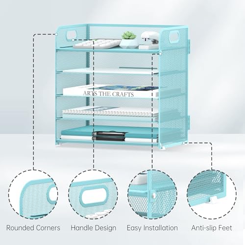 Supeasy 5 Trays Paper Organizer Letter Tray with Handle-Mesh Desk File Organizer, Paper Sorter Desk Organizer for Office, Home or School (Light Blue)