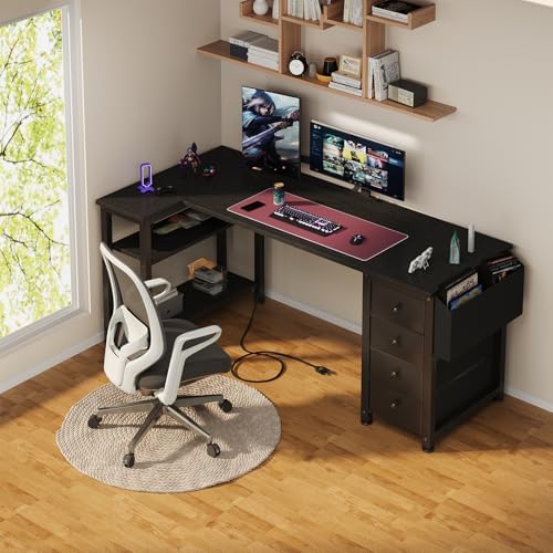 Lufeiya L Shaped Gaming Desk with Drawers & Storage Shelves, 55 Inch Corner Computer Desk with Power Outlet for Home Office Bedroom, L-Shaped Teen PC Desks with Fabric Drawer, Black