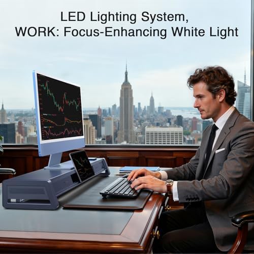 Vaydeer All-in-One Dual Monitor Stand Riser with 2 Drawers, 8USB Ports and Wireless Charging Pad with LED Light Strip for 2 Monitors , Desk Organizer for PC, iMac (Metal, 39.3 inches)-White