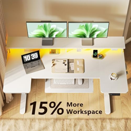 OffiGo 55 Inch U Shaped Electric Standing Desk with Keyboard Tray, White