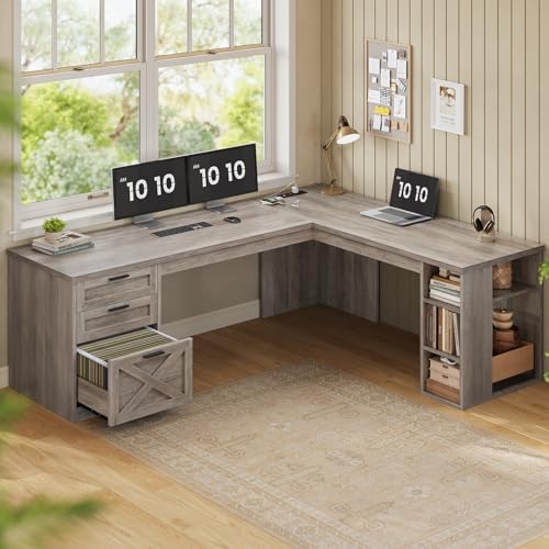SEDETA 67" Farmhouse Executive L Shaped Desk with 3 Drawers