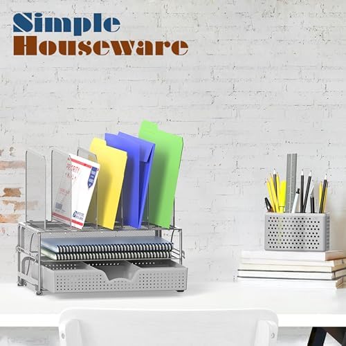 Simple Houseware Desk File Organizer for Office Supplies w/Drawer, Silver