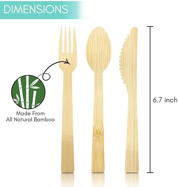 Boobam Econatural Products Bamboo Utensils - Natural Disposable Wooden Cutlery for Party, Eating, Camping, Picnic, Wedding, Compostable Silverware, Individually Wrapped Spoons, Forks, Knives - 50 Sets