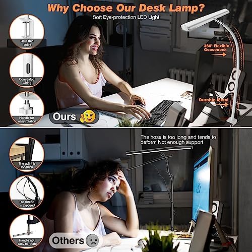 Airlonv LED Desk Lamp with Clamp, 17" Stepless Dimming Light, White