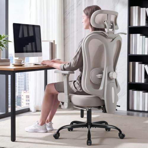 Furmax Ergonomic Office Chair with 3D Headrest & 4D Flippable Armrests, Adjustable Lumbar Support, 135° Recline, Breathable Mesh Seat, Height Adjustable Swivel Computer Desk Chair(Grey)