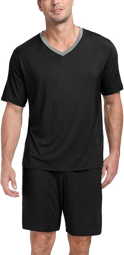 PrinStory Men's Pajama Set Sleepwear Pjs Lightweight Quick Dry Short Sleeve V-Neck Shirts and Shorts Soft Comfy Sleep Sets