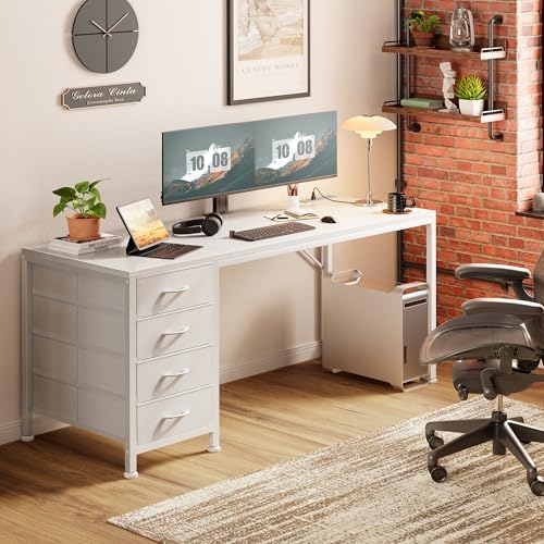 PRAISUN 55.1 Inch Computer Office Desk with Power Outelts and USB-C Port, Reversible Gaming Desk with 4 Fabric Drawers, Work Study Desk Work from Home, White