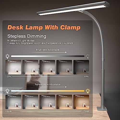 Airlonv LED Desk Lamp with Clamp, 17" Stepless Dimming Light, Grey