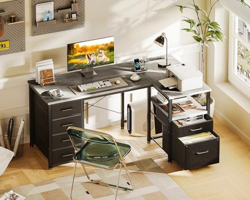 Coleshome 55 Inch L Shaped Office Desk with 6 Drawers, Power Outlet, Grey