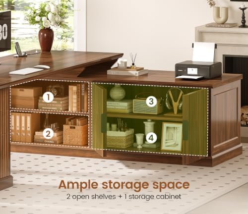 SEDETA Fluted 70.9" L Shaped Desk with Drawers, Fluted Brown
