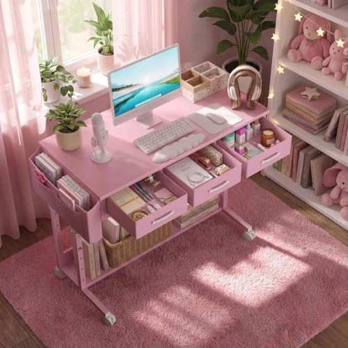 Pink Rolling Desk with Drawers, 40" Height Adjustable Girls Standing Desk