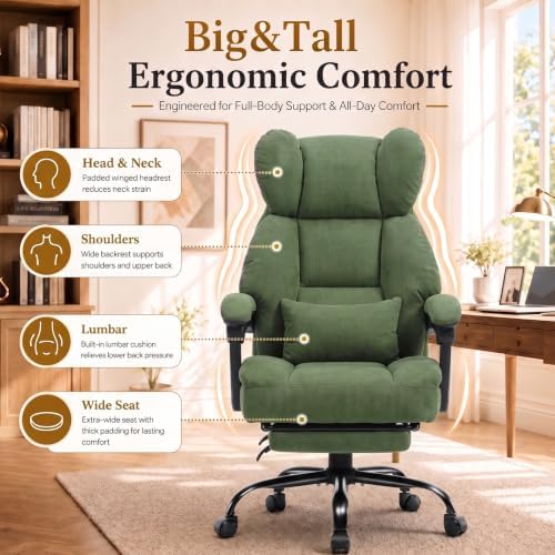 GTPLAYER Big&Tall Ergonomic Gaming Chair, Wide Spring Seat, Linkage Armrest,Green