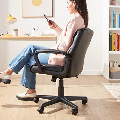 Amazon Basics Office Task Chair with Adjustable Height, 360° Swivel, Padded Armrests, Mid-Back, Rolling, 275 Pound Capacity, 24.2"D x 24"W x 34.8"H, Black Faux Leather