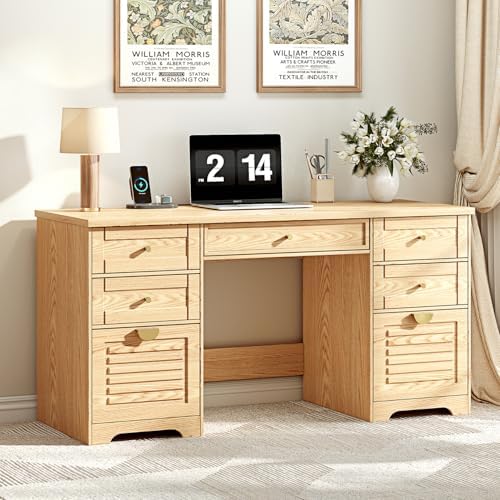 Ieejdn 59" Home Office Desks, Executive Desk, Farmhouse Computer Desk with 7 Drawers and Charging Station, File Drawer, Rustic Computer Writing Desk,Antique Wood