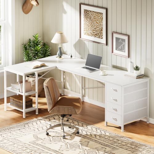 Huuger 55 Inch L Shaped Desk with Fabric Drawers, Reversible Computer Gaming Desk with Power Outlets and USB-C Port, Adjustable Side Storage Shelves, for Work Corner Home Office, White