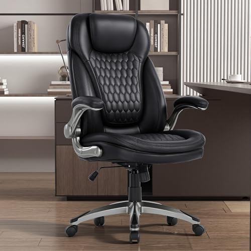 COLAMY Executive Office Chair-Ergonomic Computer Desk Chair, High Back Leather Chair with Padded Flip-up Arms, Swivel Home Office Chair, Black