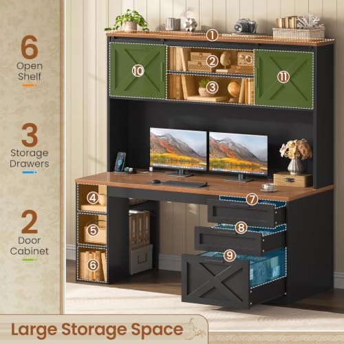 SEDETA 55.1" Farmhouse Desk with Hutch & 3 Storage Drawers