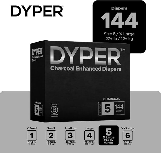 DYPER - Charcoal Enhanced Day & Overnight Disposable Baby Diapers - Made with Plant-Based* & Honest Ingredients, Hypoallergenic for Sensitive Skin - Size 5, (144 Count)