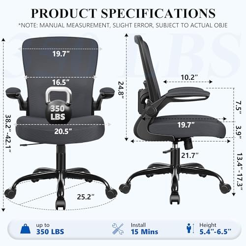 FelixKing Office Chair, Ergonomic Desk Chair Breathable Mesh Chairs Adjustable High Back Lumbar Support Flip-up Armrests, Executive Rolling Swivel Comfy Computer Chairs Home Office Dark Gray