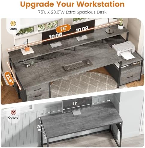 SEDETA 75'' Large Home Office Desk with 5 Drawer, Power Outlet, File Drawer