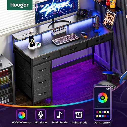 Huuger Gaming Desk with 6 Drawers, Computer Desk with LED Lights Power Outlets and Type-C, 47 Inch Office Desk with Storage, Monitor Stand, Writing Work Desk Home Office, Bedroom, Study, Grey