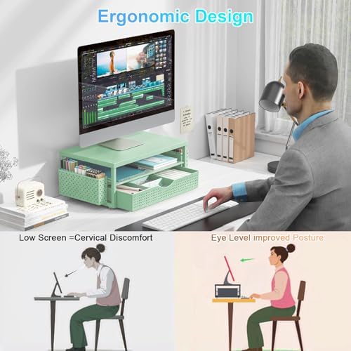 gianotter Desk Organizers and Accessories, Monitor Stand with Drawer and 2 Pen Holder, Desktop Organizer Suitable for Offices and Dormitories (Sage Green)