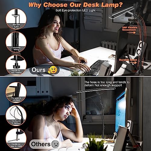 Airlonv LED Desk Lamp with Clamp, 17" Stepless Dimming Light, Black