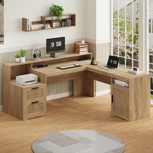 63" Fluted L Shaped Desk with Drawers & Printer Shelf for Home Office