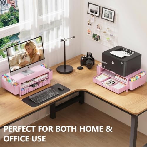 OPNICE Desk Organizers and Accessories, Computer Monitor Stand Riser with Drawer and 2 Pen Holders, Printer & Laptop Stand, Office Desk Accessories & Workspace Organizers for Home Office Supplies, Pink