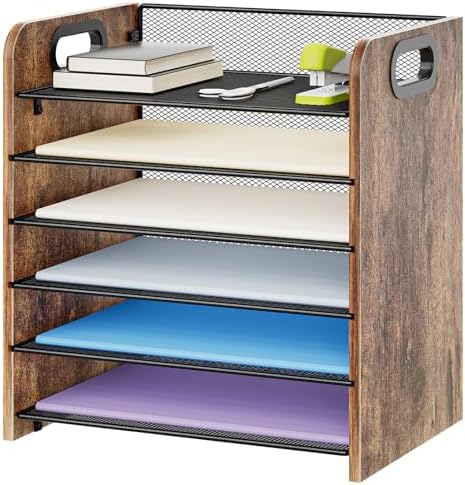 Marbrasse 6 Tier Paper Organizer Letter Tray - Wooden Desk File Organizer with Handle, Paper Sorter Organizer for Letter/A4 Office File Folder Holder