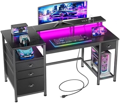 Furologee 52" Gaming Desk with 4 Drawers & LED Lights, Power Outlet, Black