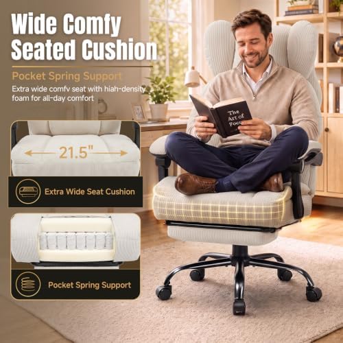 GTPLAYER Big&Tall Ergonomic Gaming Chair, Wide Spring Seat, Linkage Armrest,White