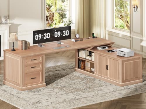 SEDETA Farmhouse L Shaped Desk with Drawers, 70.9" Home Office Desk with Storage Cabinet and Storage Shelves, L Shaped Computer Desk with Power Outlet，Oak