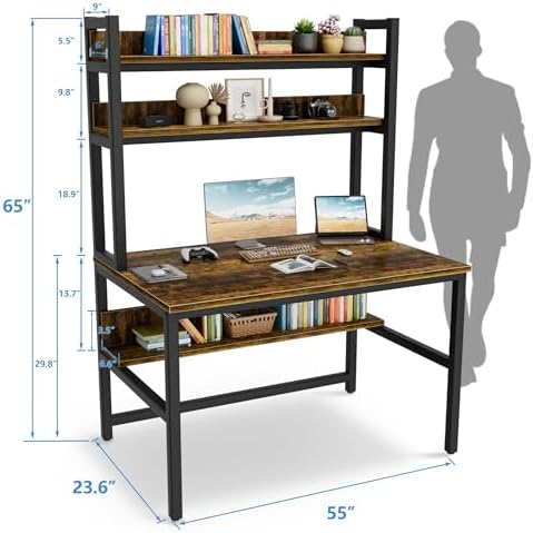 Aquzee Computer Desk with Hutch, 55 Inch Desk with Shelves