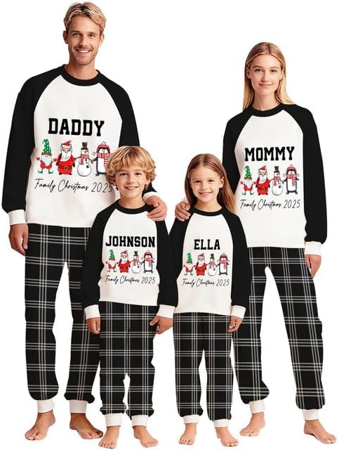 Personalized Family Christmas Pajamas Matching Sets 2025, Custom Xmas pjs, Long Sleeve Raglan Top Plaid Pant