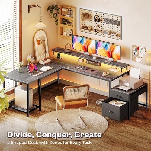 PRAISUN 66" L Shaped Gaming Desk with LED Lights & Power Outlets