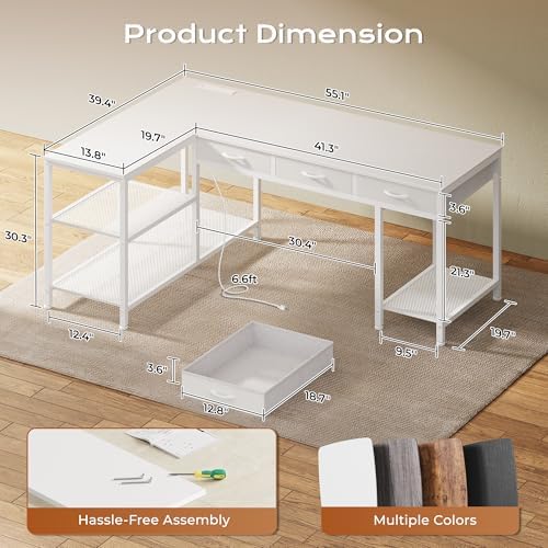 PRAISUN 55 Inch L Shaped Office Desk with Power Outlets and Type-C Port, Large Computer Gaming Desk with 3 Fabric Drawers, Mesh Shelves, Corner Study Work Writing Desk, White