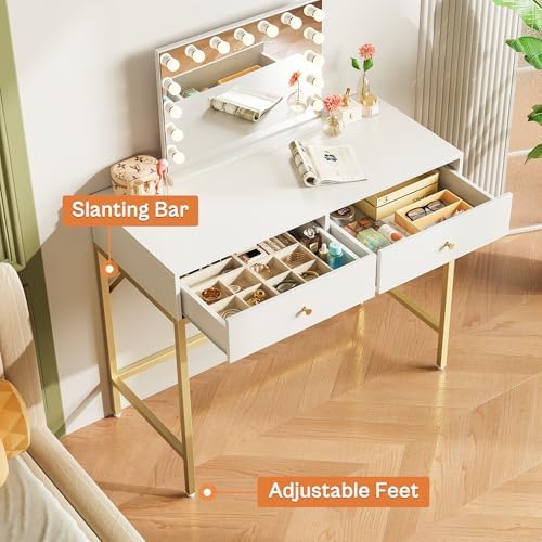 SUPERJARE 31.5" White and Gold Desk with 2 Drawers, Modern Vanity Desk