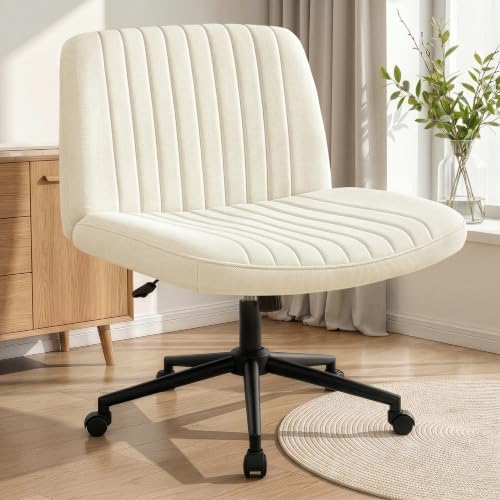 NEO CHAIR Criss Cross Chair with Wheels Armless Cross Legged Office Desk Wide Comfy Vanity Makeup Chair Adjustable Swivel Rolling Computer for Home Office Fabric (Beige)
