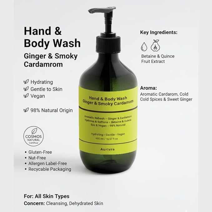 Hydrating Ginger & Smoky Cardamom Hand and Body Wash, 98% Natural, Vegan, Gentle Moisturizing Cleanser for All Skin Types, Paraben & Gluten-Free, Eco-Certified (3)