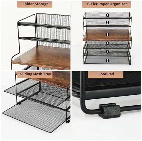 OPNICE Desk Organizer, 6-Tier Paper Organizer Letter Tray, Brown Wood