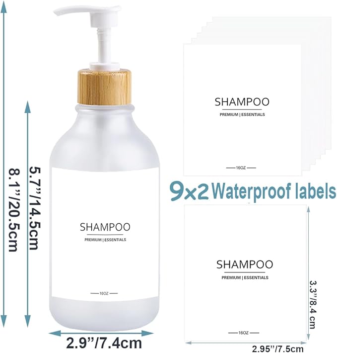 Frosted Plastic Shampoo and Conditioner Bottles, Apothecary Dispenser Bamboo Pump, Refillable Bottles for Shower Lotion, Oil, Hand Soap, Sanitizer, Liquid Soap, Set of 3 with 9 Labels (6, Matte Clear)