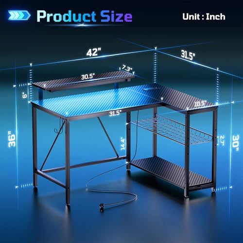 Bestier 42-Inch L-Shaped Computer Desk with Charging & LED, Black