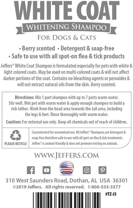 Jeffers Pet White Coat Shampoo for Dogs & Cats, 17 oz - Soap Free Coconut Cleanser with Vitamins A D E & Glycerin, Deodorizing Berry Scent Grooming Shampoo, Concentrated Bleach Free Formula, USA Made