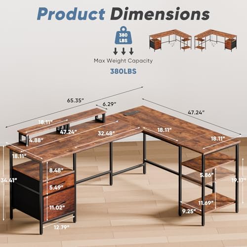 DUMOS 62” L Shaped Desk with Drawers and Power Outlet, Rustic Brown