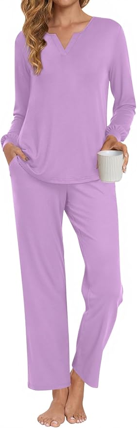 Anyally Women's Plus Size Pajama Sets Ladies Fall Pjs 2 Pieces Lounge Outfits V Neck Long Sleeves Sleepwear with Pockets