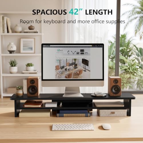 WALI 42 inch Large Wood Dual Monitor Stand Riser with Storage, up to 88lbs