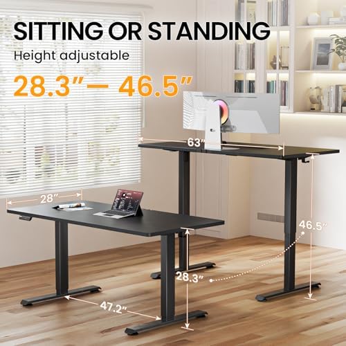 Veken 63"x28" Wider Large Standing Desk, Electric Height Adjustable, Black
