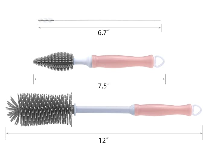 Silicone Cleaning Brush, 12" Long Handle Water Bottle Cleaner for Baby, Sports, Vase, Glassware, and Smaller Diameter Openings