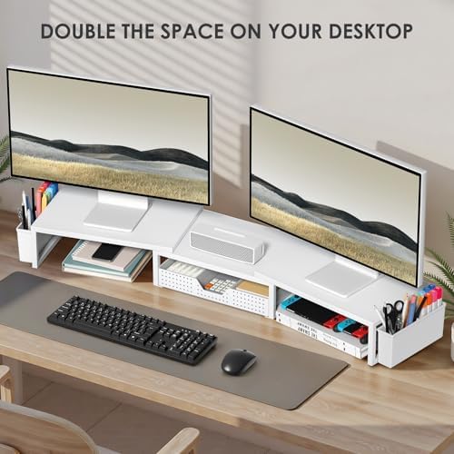 OPNICE Desk Organizers and Accessories, Dual Monitor Stand Riser with Drawer and 2 Pen Holders, Desk Shelf Computer Racks for Office Workspace Organizers, Desktop Organization (White)